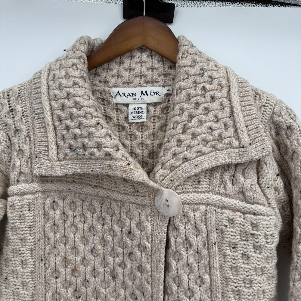 Aran Mor Sweater Womens Small Beige 100% Merino Wool Cardigan Coatigan Ireland - Picture 3 of 11